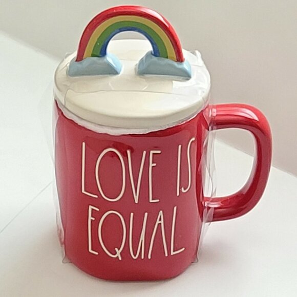 Rae Dunn Love Is Equal Red Mug With Figural Rainbow Topper Pride NEW - Picture 3 of 5